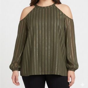 Michael Michael Kors Olive Cold Shoulder Metallic Stripe Blouse XL NWOT